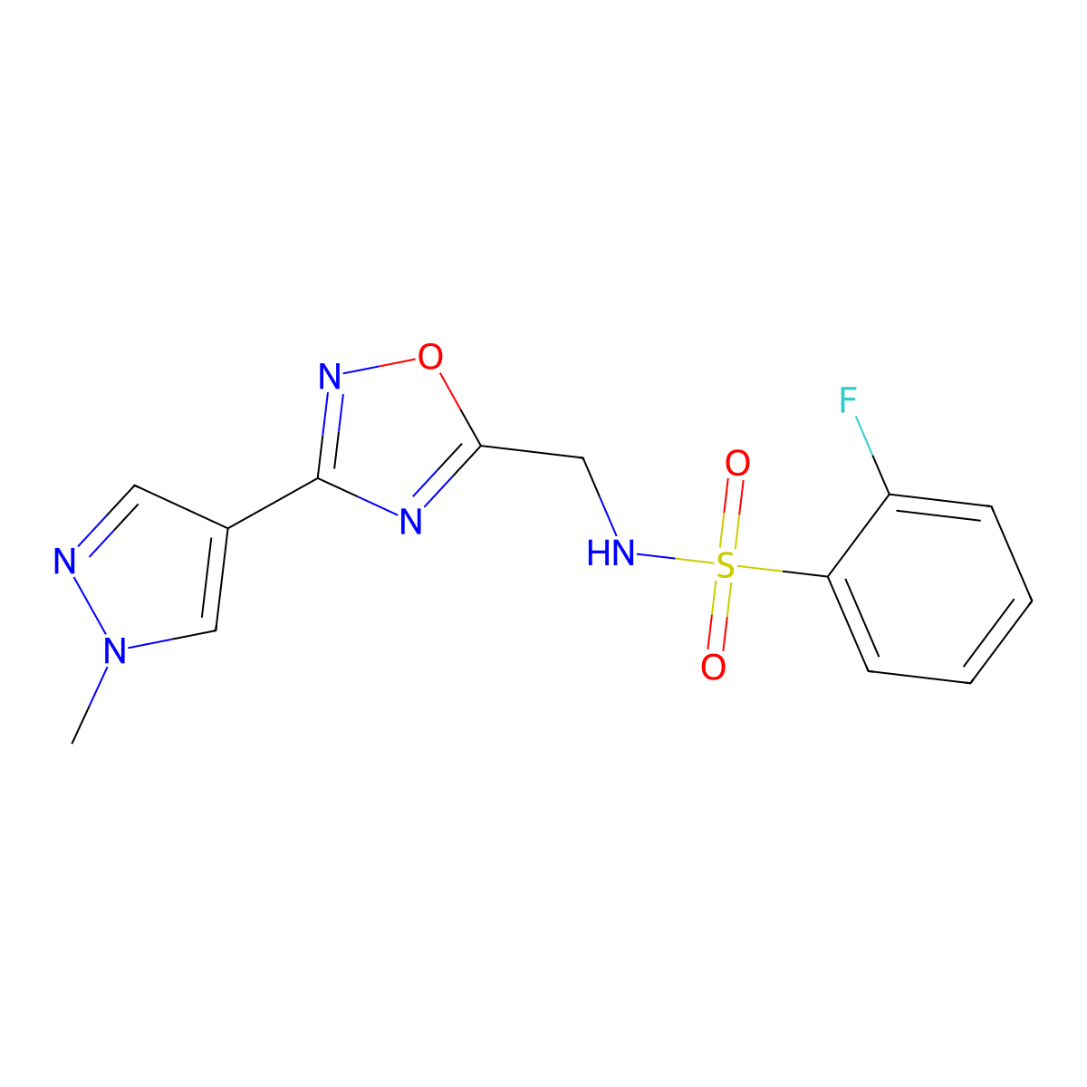 2-fluoro-N-((3-(1-methyl-1H-pyrazol-4-yl)-1,2,4-oxadiazol-5-yl)methyl)benzenesulfonamide molecular structure, CAS 2034560-19-3