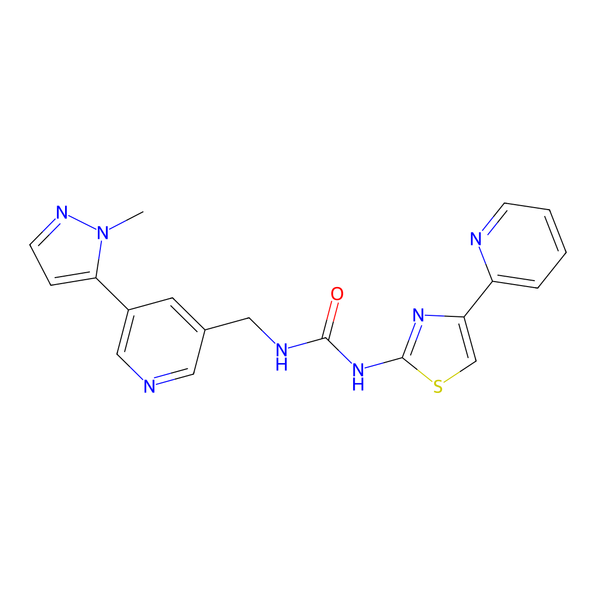 1-((5-(1-methyl-1H-pyrazol-5-yl)pyridin-3-yl)methyl)-3-(4-(pyridin-2-yl)thiazol-2-yl)urea molecular structure, CAS 2034560-22-8