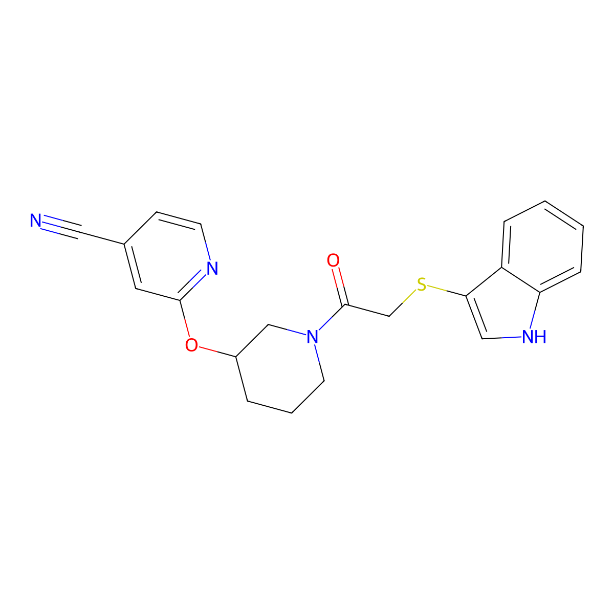 2-((1-(2-((1H-indol-3-yl)thio)acetyl)piperidin-3-yl)oxy)isonicotinonitrile molecular structure, CAS 2034560-25-1