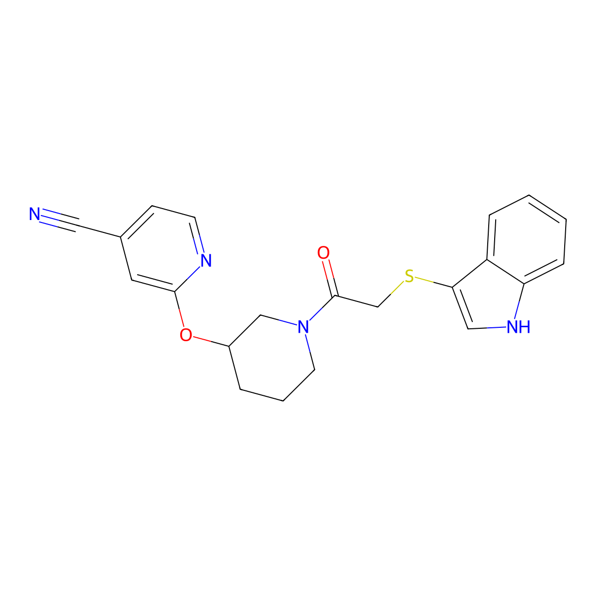 2-((1-(2-((1H-indol-3-yl)thio)acetyl)piperidin-3-yl)oxy)isonicotinonitrile molecular structure, CAS 2034560-25-1