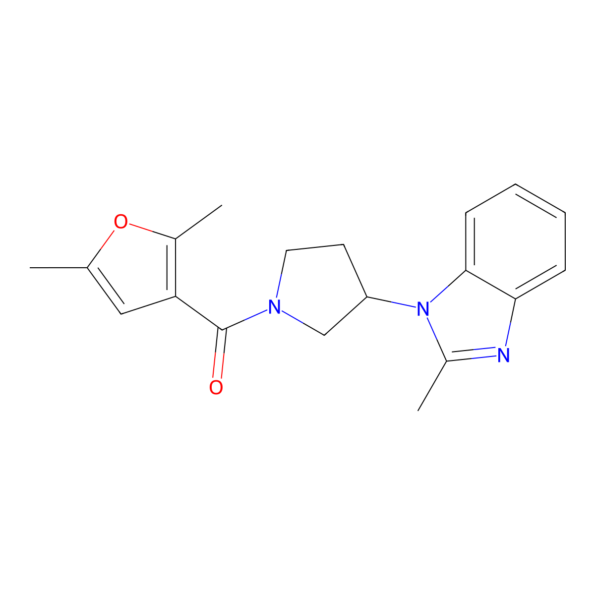 (2,5-dimethylfuran-3-yl)(3-(2-methyl-1H-benzo[d]imidazol-1-yl)pyrrolidin-1-yl)methanone molecular structure, CAS 2034560-34-2