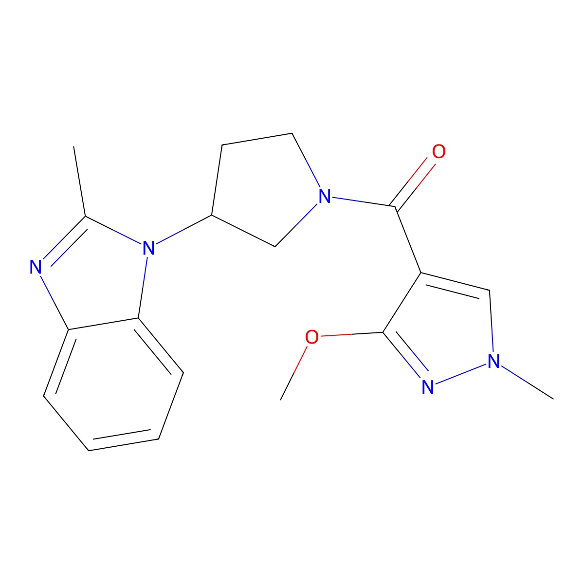(3-methoxy-1-methyl-1H-pyrazol-4-yl)(3-(2-methyl-1H-benzo[d]imidazol-1-yl)pyrrolidin-1-yl)methanone molecular structure, CAS 2034560-38-6