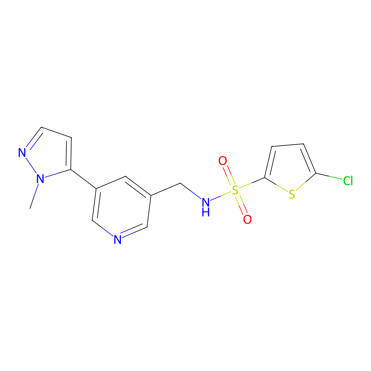5-chloro-N-((5-(1-methyl-1H-pyrazol-5-yl)pyridin-3-yl)methyl)thiophene-2-sulfonamide molecular structure, CAS 2034560-43-3