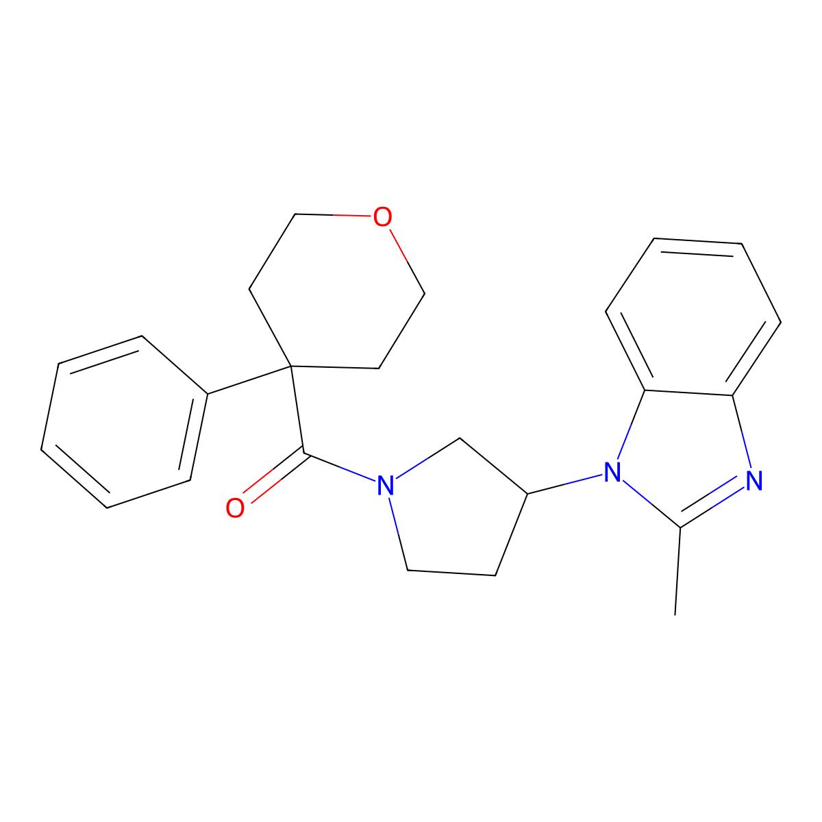 (3-(2-methyl-1H-benzo[d]imidazol-1-yl)pyrrolidin-1-yl)(4-phenyltetrahydro-2H-pyran-4-yl)methanone molecular structure, CAS 2034560-45-5