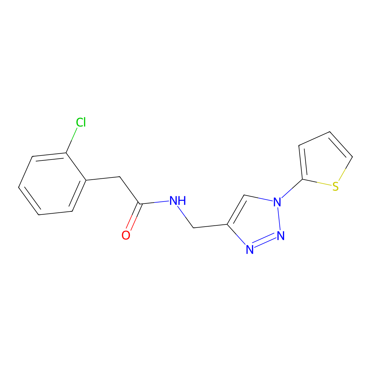 2-(2-chlorophenyl)-N-{[1-(thiophen-2-yl)-1H-1,2,3-triazol-4-yl]methyl}acetamide molecular structure, CAS 2034560-47-7