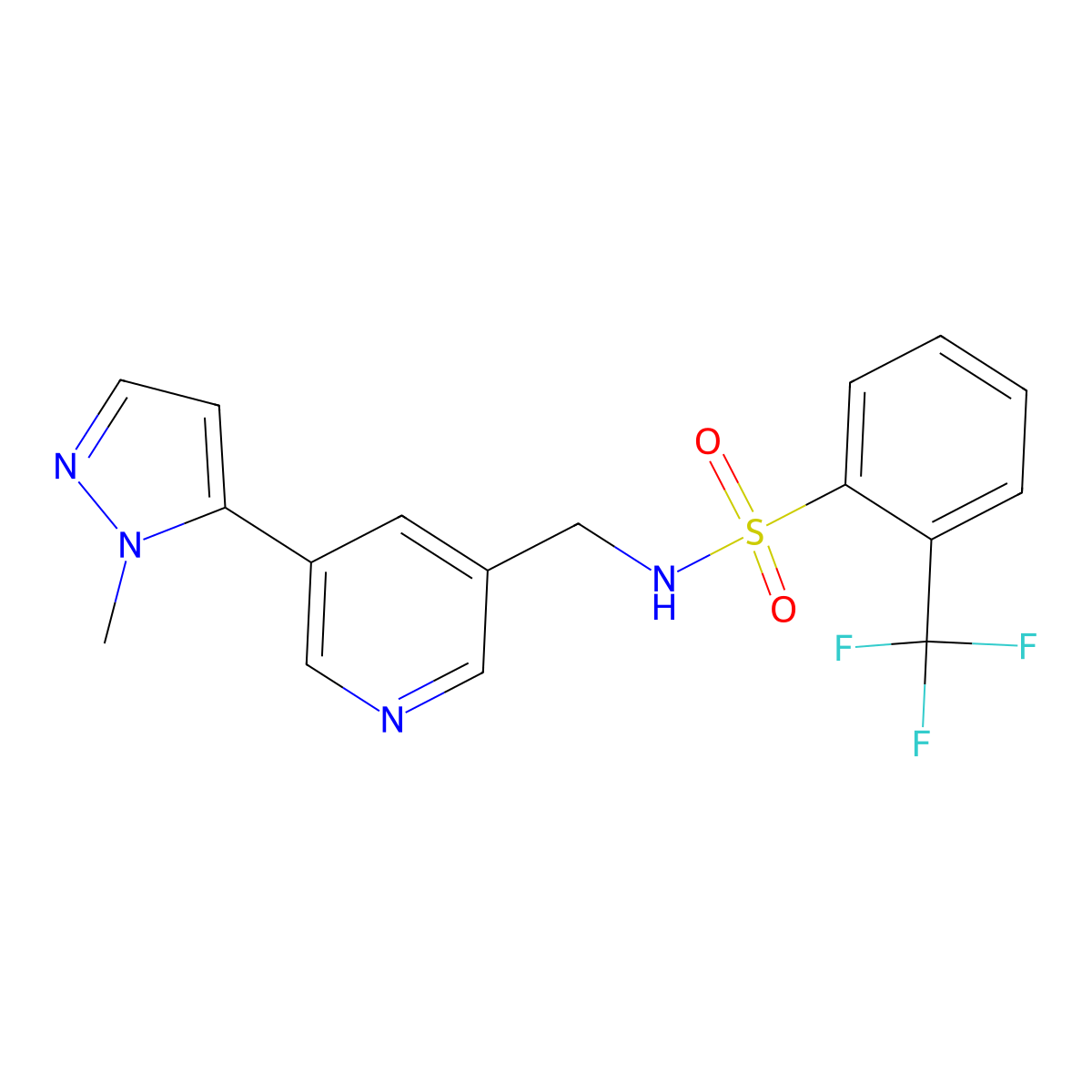 N-((5-(1-methyl-1H-pyrazol-5-yl)pyridin-3-yl)methyl)-2-(trifluoromethyl)benzenesulfonamide molecular structure, CAS 2034560-48-8