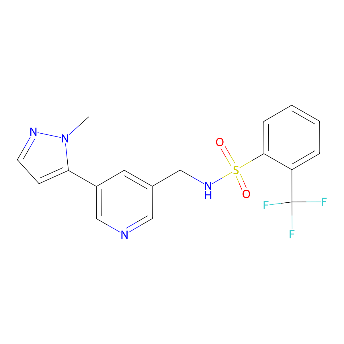 N-((5-(1-methyl-1H-pyrazol-5-yl)pyridin-3-yl)methyl)-2-(trifluoromethyl)benzenesulfonamide molecular structure, CAS 2034560-48-8