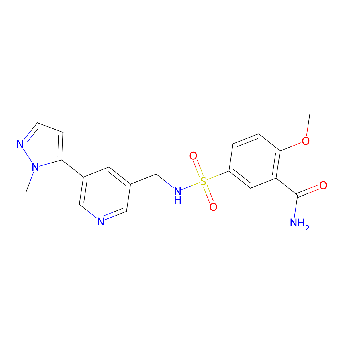 2-methoxy-5-(N-((5-(1-methyl-1H-pyrazol-5-yl)pyridin-3-yl)methyl)sulfamoyl)benzamide molecular structure, CAS 2034560-52-4