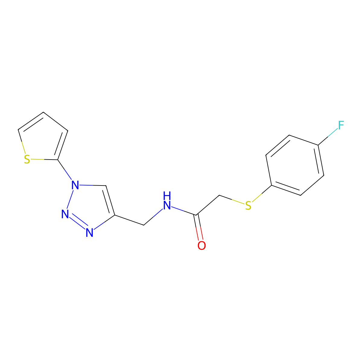 2-[(4-fluorophenyl)sulfanyl]-N-{[1-(thiophen-2-yl)-1H-1,2,3-triazol-4-yl]methyl}acetamide molecular structure, CAS 2034560-56-8
