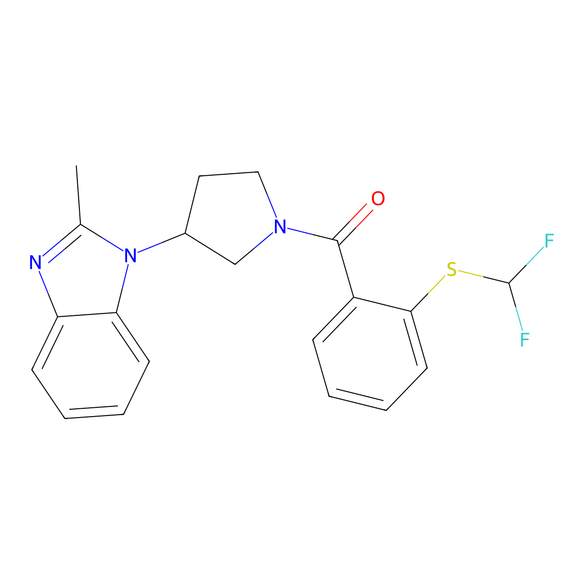 (2-((difluoromethyl)thio)phenyl)(3-(2-methyl-1H-benzo[d]imidazol-1-yl)pyrrolidin-1-yl)methanone molecular structure, CAS 2034560-61-5