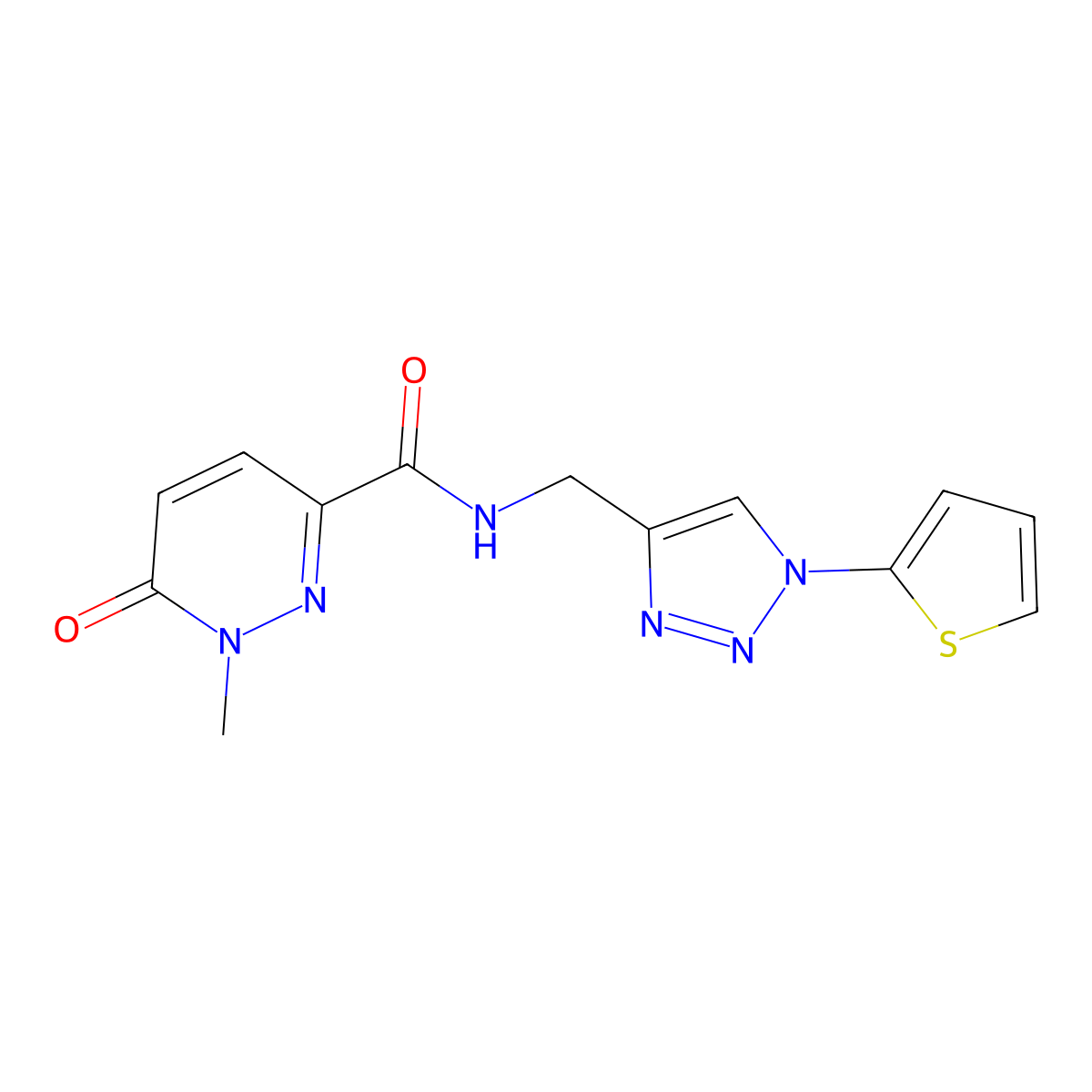 1-methyl-6-oxo-N-((1-(thiophen-2-yl)-1H-1,2,3-triazol-4-yl)methyl)-1,6-dihydropyridazine-3-carboxamide molecular structure, CAS 2034560-69-3