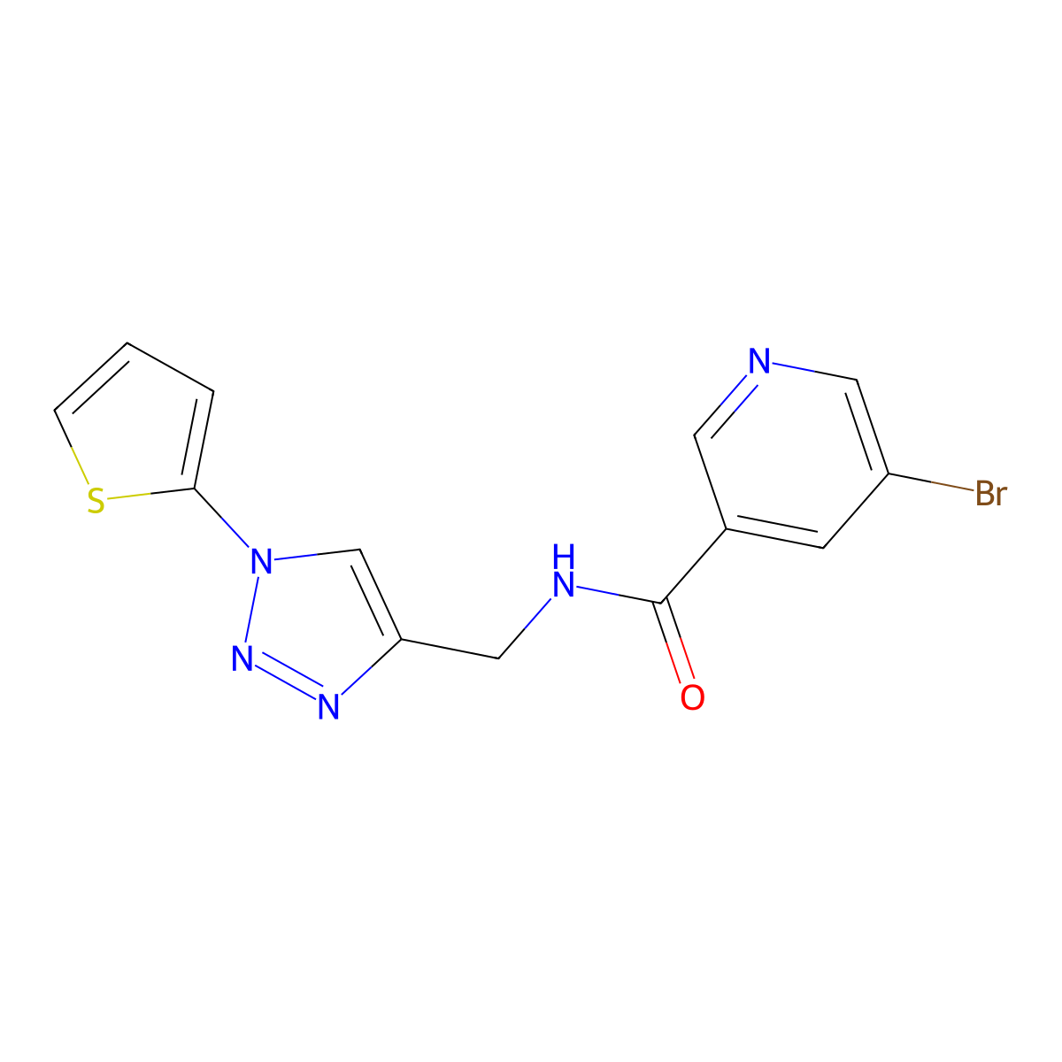 5-bromo-N-((1-(thiophen-2-yl)-1H-1,2,3-triazol-4-yl)methyl)nicotinamide molecular structure, CAS 2034560-73-9