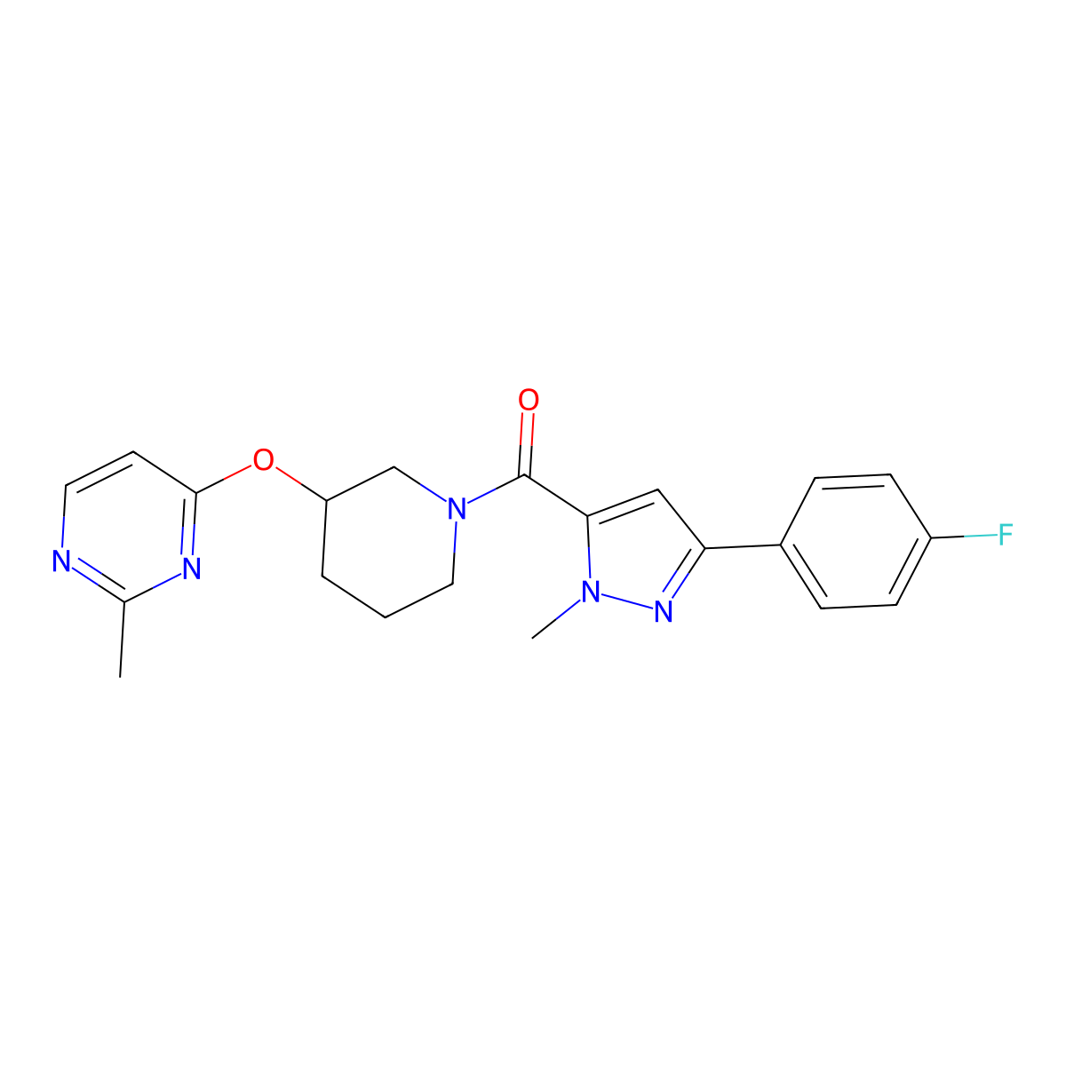 (3-(4-fluorophenyl)-1-methyl-1H-pyrazol-5-yl)(3-((2-methylpyrimidin-4-yl)oxy)piperidin-1-yl)methanone molecular structure, CAS 2034560-81-9