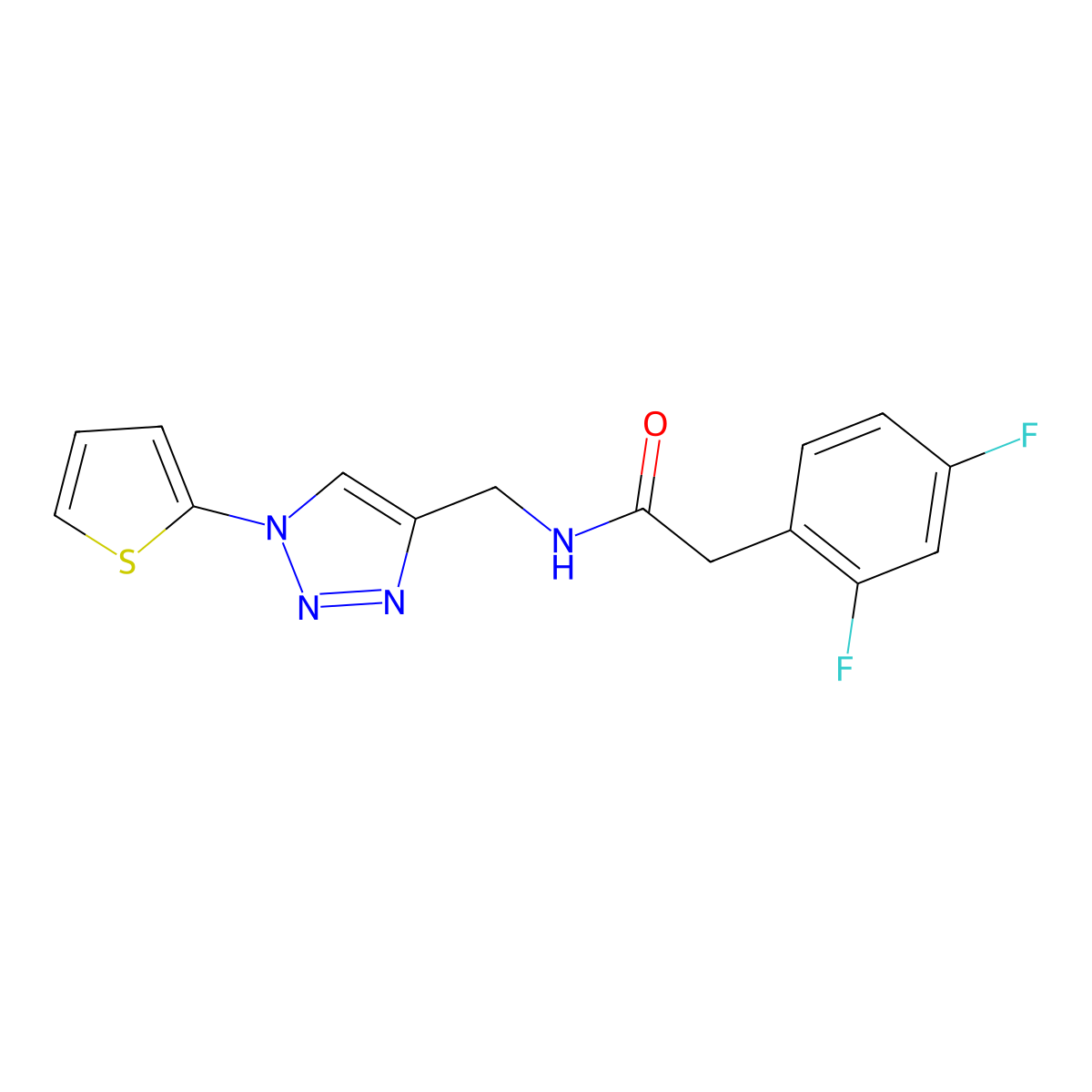 2-(2,4-difluorophenyl)-N-((1-(thiophen-2-yl)-1H-1,2,3-triazol-4-yl)methyl)acetamide molecular structure, CAS 2034560-87-5