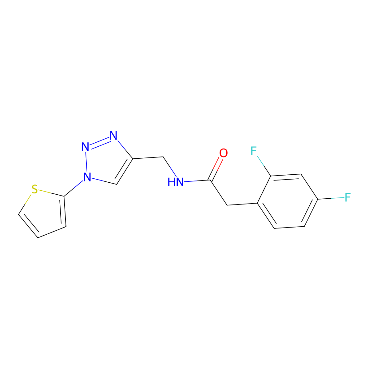 2-(2,4-difluorophenyl)-N-((1-(thiophen-2-yl)-1H-1,2,3-triazol-4-yl)methyl)acetamide molecular structure, CAS 2034560-87-5