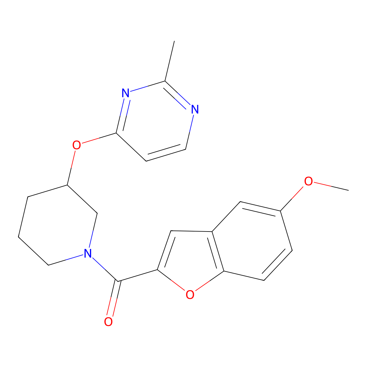 (5-Methoxybenzofuran-2-yl)(3-((2-methylpyrimidin-4-yl)oxy)piperidin-1-yl)methanone molecular structure, CAS 2034560-99-9