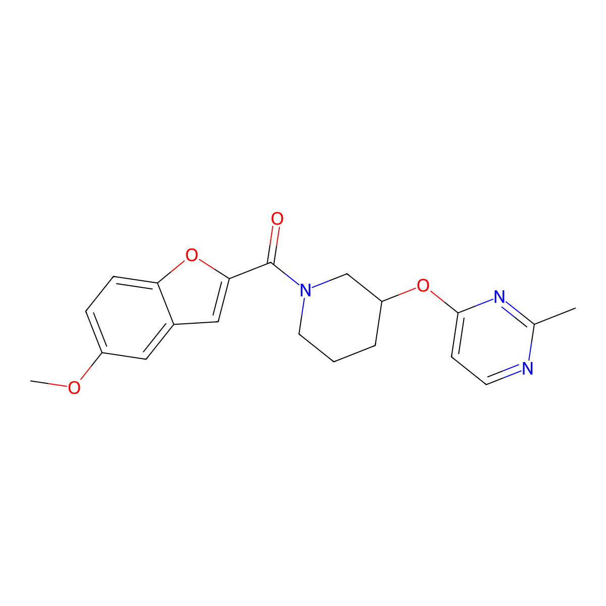 (5-Methoxybenzofuran-2-yl)(3-((2-methylpyrimidin-4-yl)oxy)piperidin-1-yl)methanone molecular structure, CAS 2034560-99-9