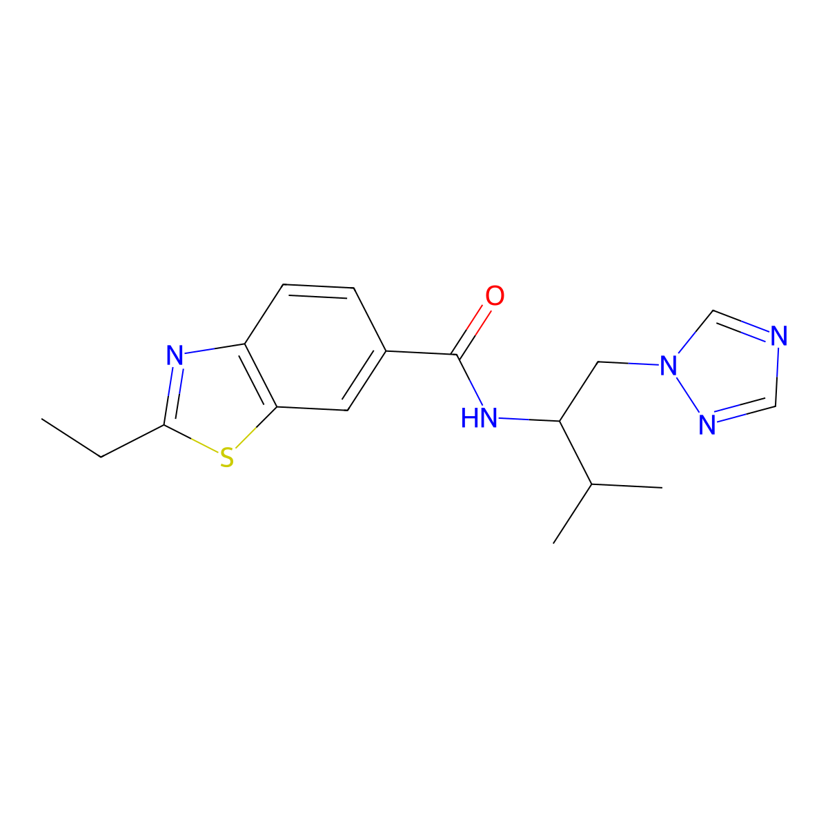 2-ethyl-N-(3-methyl-1-(1H-1,2,4-triazol-1-yl)butan-2-yl)benzo[d]thiazole-6-carboxamide molecular structure, CAS 2034561-18-5