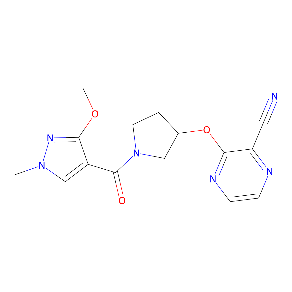 3-{[1-(3-methoxy-1-methyl-1H-pyrazole-4-carbonyl)pyrrolidin-3-yl]oxy}pyrazine-2-carbonitrile molecular structure, CAS 2034561-22-1