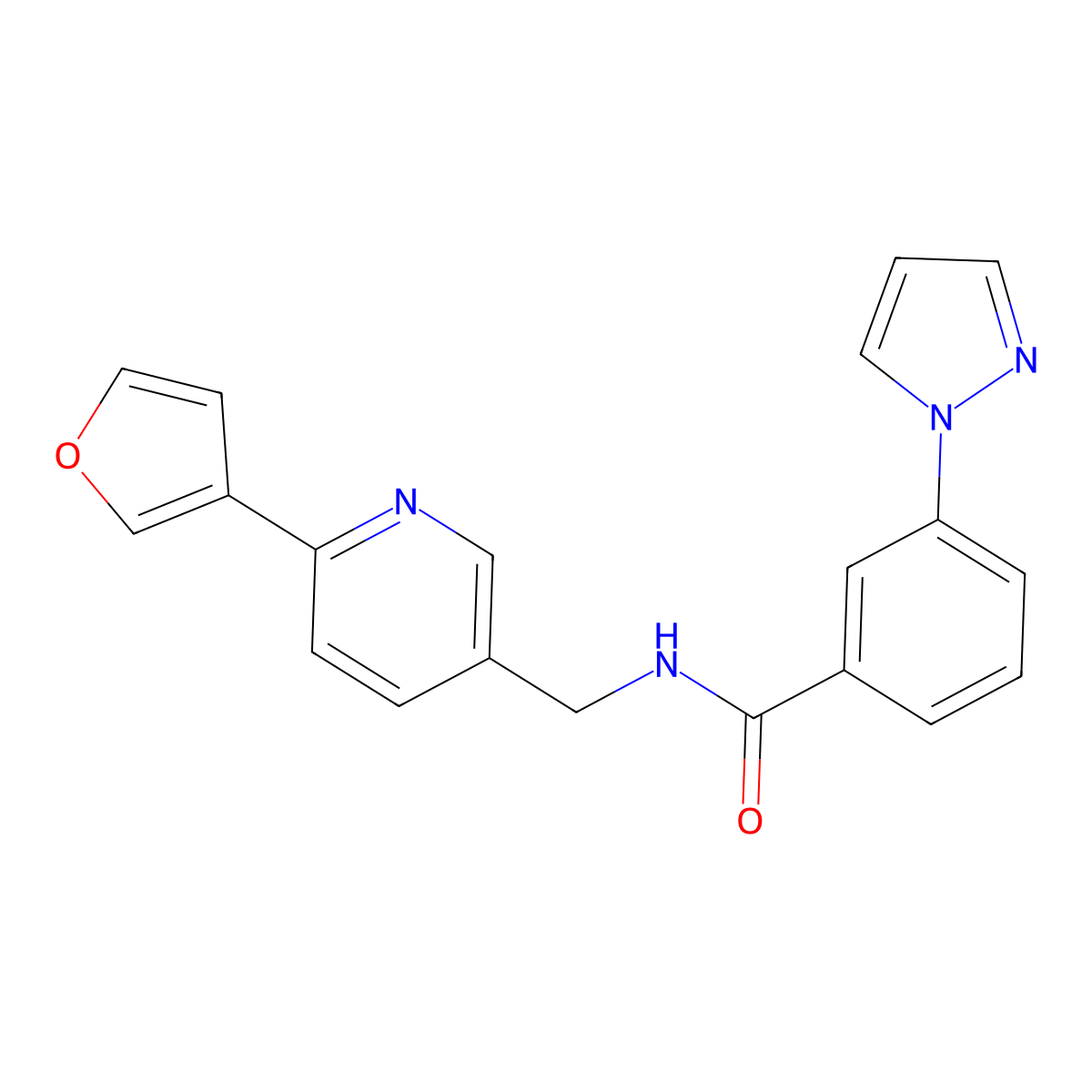 N-{[6-(furan-3-yl)pyridin-3-yl]methyl}-3-(1H-pyrazol-1-yl)benzamide molecular structure, CAS 2034561-28-7