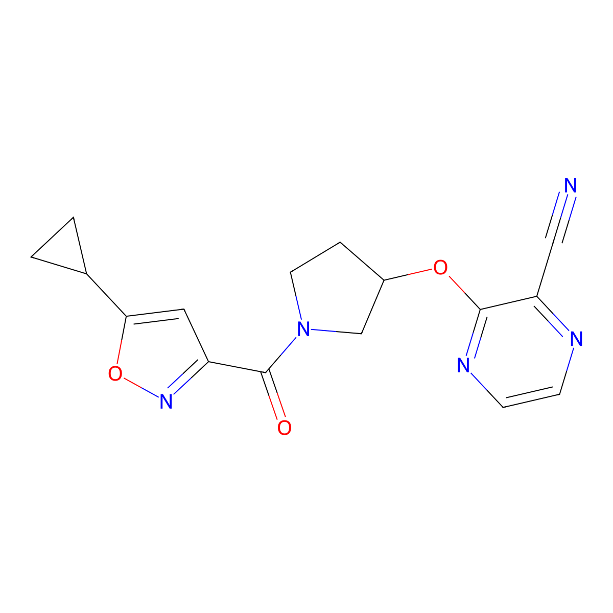 3-((1-(5-Cyclopropylisoxazole-3-carbonyl)pyrrolidin-3-yl)oxy)pyrazine-2-carbonitrile molecular structure, CAS 2034561-35-6