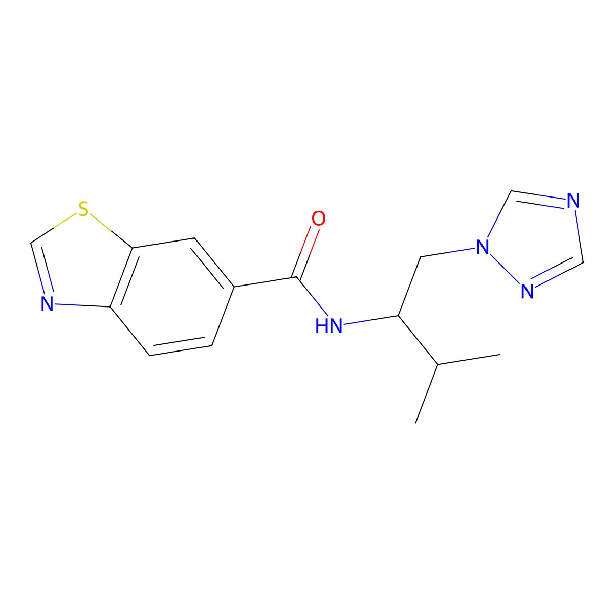 N-[3-methyl-1-(1H-1,2,4-triazol-1-yl)butan-2-yl]-1,3-benzothiazole-6-carboxamide molecular structure, CAS 2034561-36-7