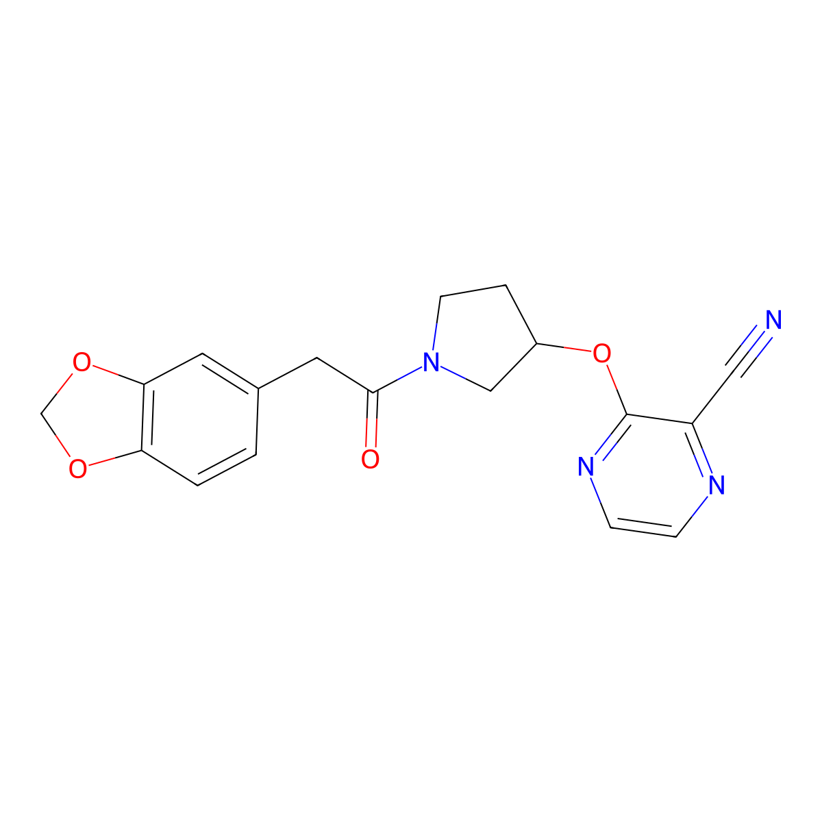 3-((1-(2-(Benzo[d][1,3]dioxol-5-yl)acetyl)pyrrolidin-3-yl)oxy)pyrazine-2-carbonitrile molecular structure, CAS 2034561-51-6