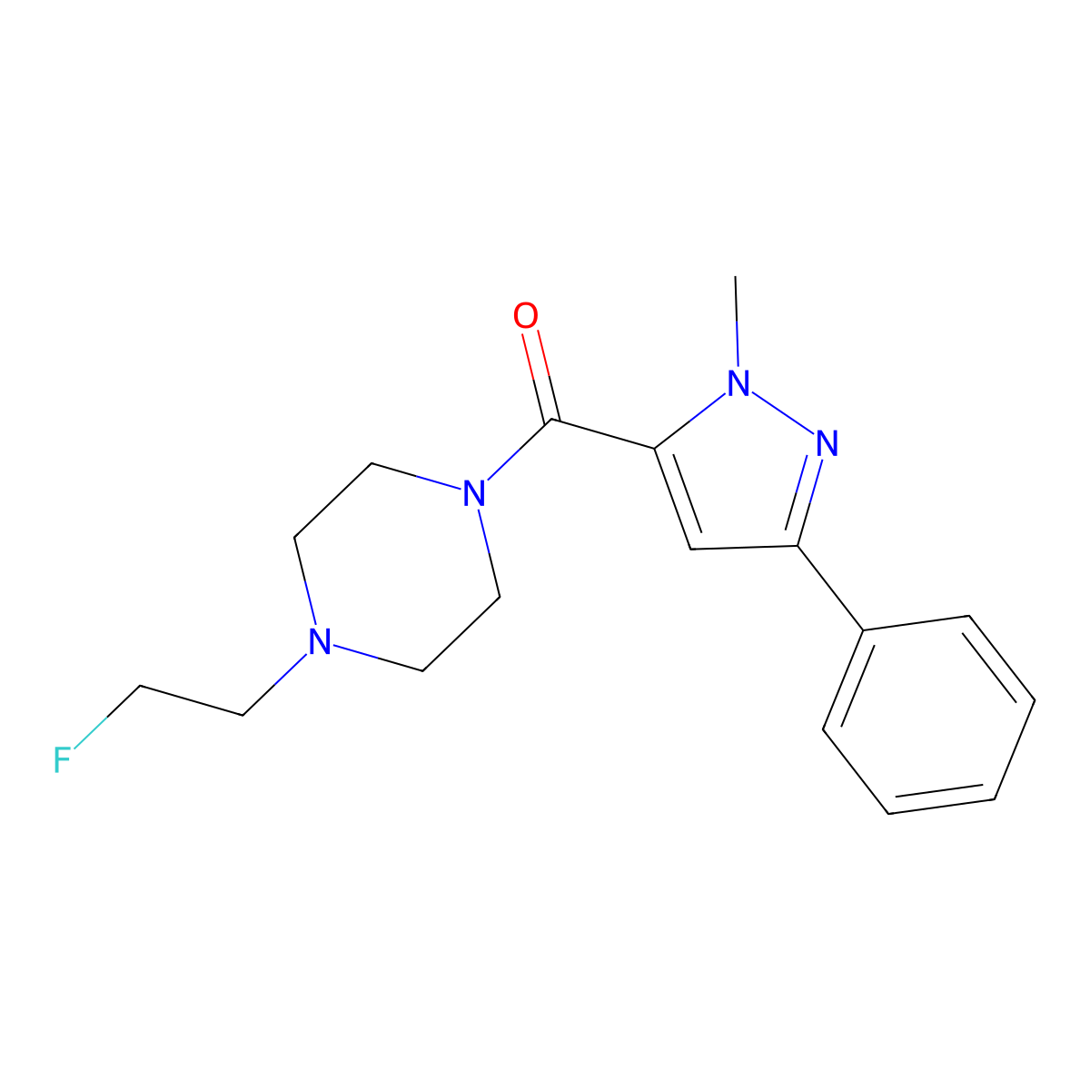 (4-(2-fluoroethyl)piperazin-1-yl)(1-methyl-3-phenyl-1H-pyrazol-5-yl)methanone molecular structure, CAS 2034561-63-0
