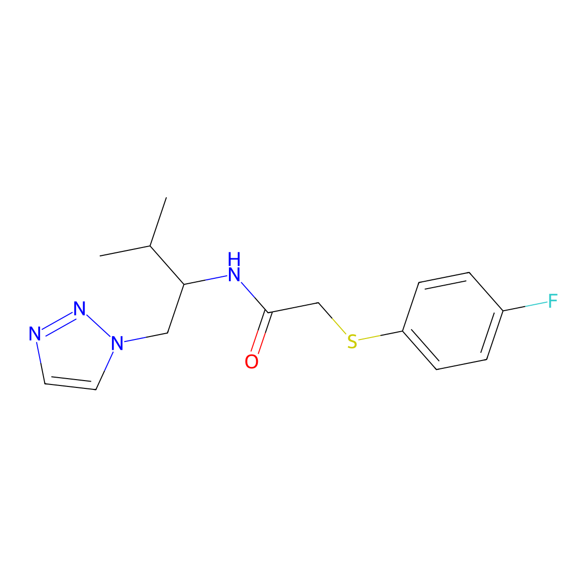 2-((4-fluorophenyl)thio)-N-(3-methyl-1-(1H-1,2,3-triazol-1-yl)butan-2-yl)acetamide molecular structure, CAS 2034561-67-4