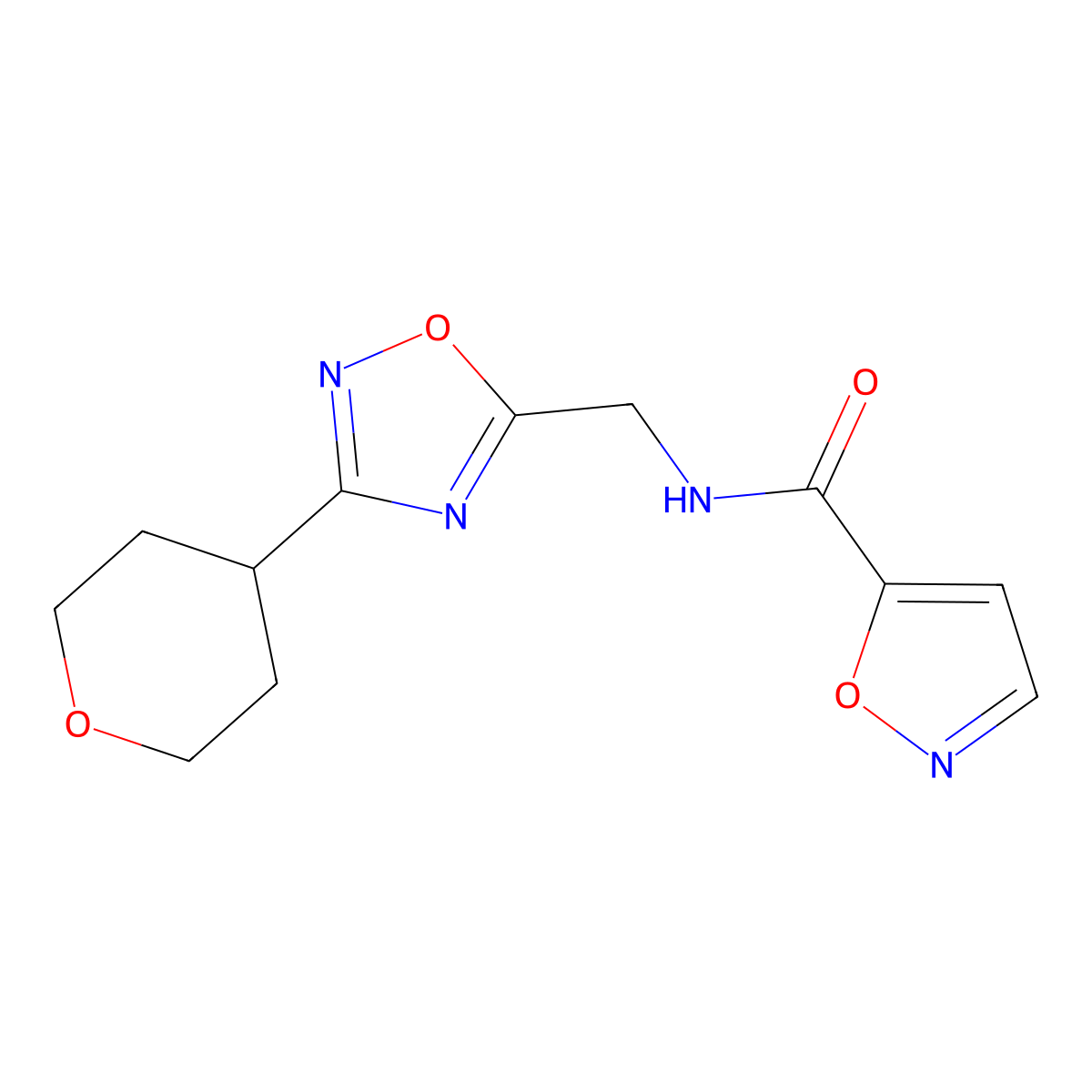 N-((3-(tetrahydro-2H-pyran-4-yl)-1,2,4-oxadiazol-5-yl)methyl)isoxazole-5-carboxamide molecular structure, CAS 2034561-85-6