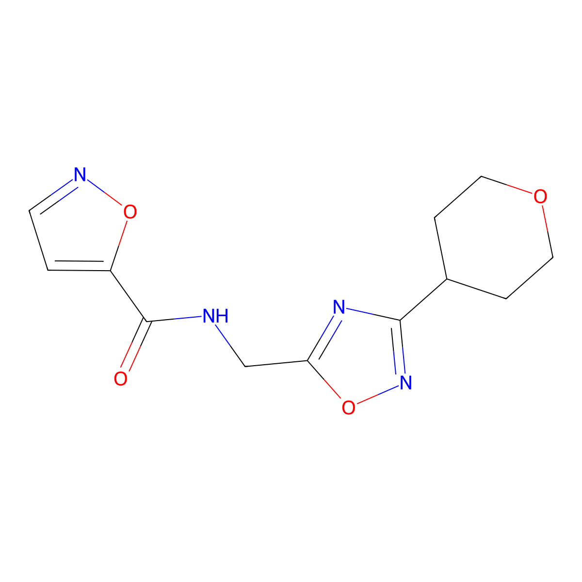 N-((3-(tetrahydro-2H-pyran-4-yl)-1,2,4-oxadiazol-5-yl)methyl)isoxazole-5-carboxamide molecular structure, CAS 2034561-85-6