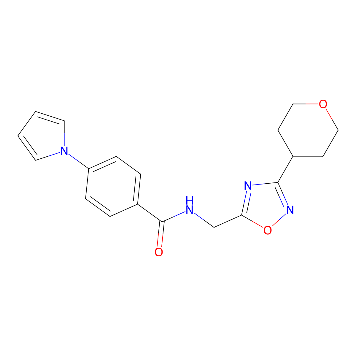 4-(1H-pyrrol-1-yl)-N-((3-(tetrahydro-2H-pyran-4-yl)-1,2,4-oxadiazol-5-yl)methyl)benzamide molecular structure, CAS 2034561-87-8