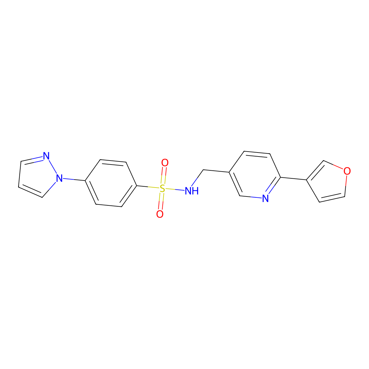 N-((6-(furan-3-yl)pyridin-3-yl)methyl)-4-(1H-pyrazol-1-yl)benzenesulfonamide molecular structure, CAS 2034561-89-0