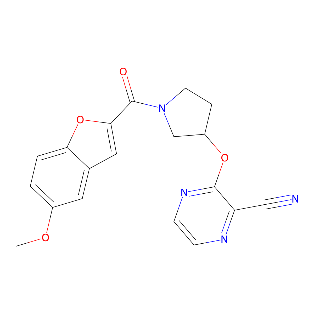 3-((1-(5-Methoxybenzofuran-2-carbonyl)pyrrolidin-3-yl)oxy)pyrazine-2-carbonitrile molecular structure, CAS 2034561-94-7