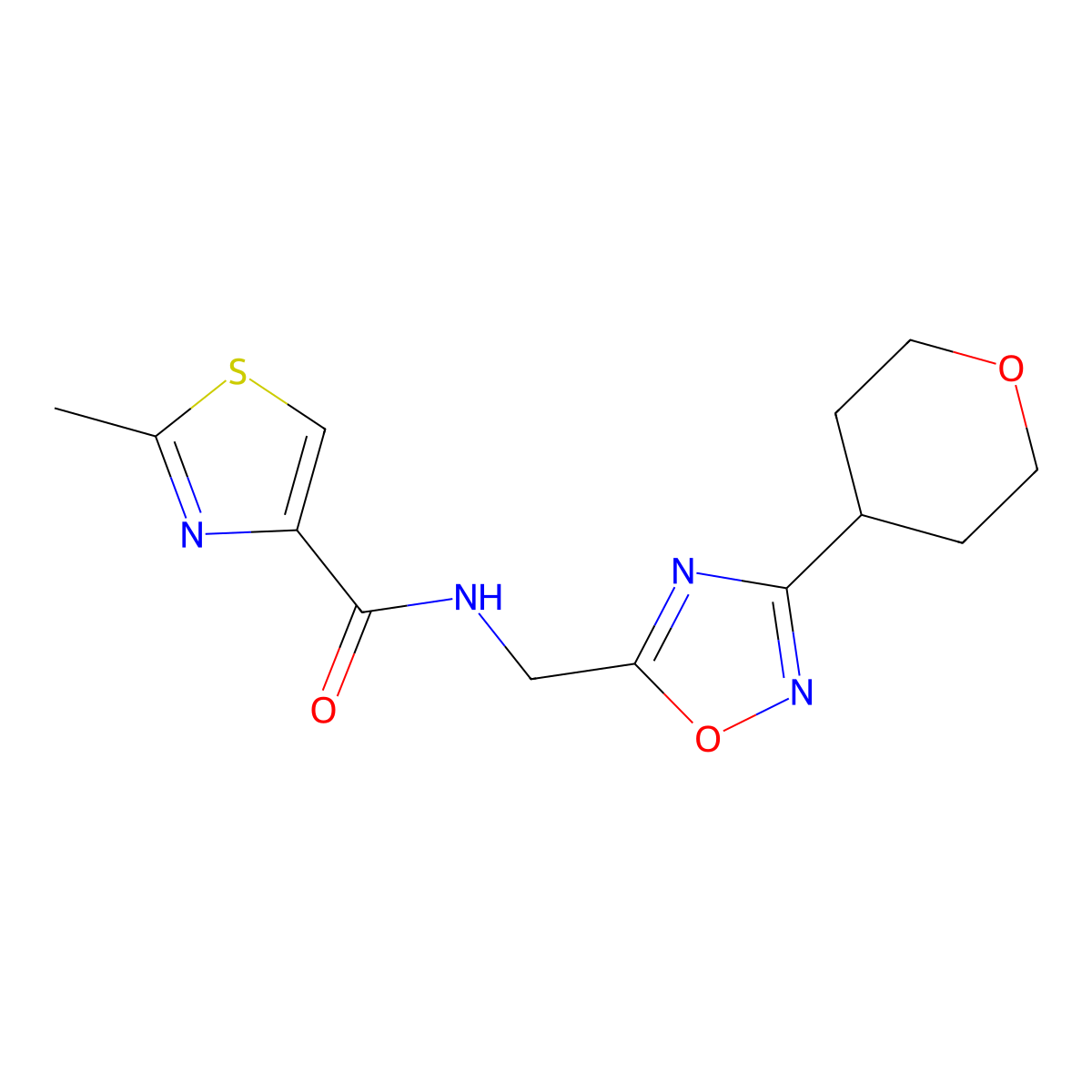 2-methyl-N-((3-(tetrahydro-2H-pyran-4-yl)-1,2,4-oxadiazol-5-yl)methyl)thiazole-4-carboxamide molecular structure, CAS 2034561-98-1