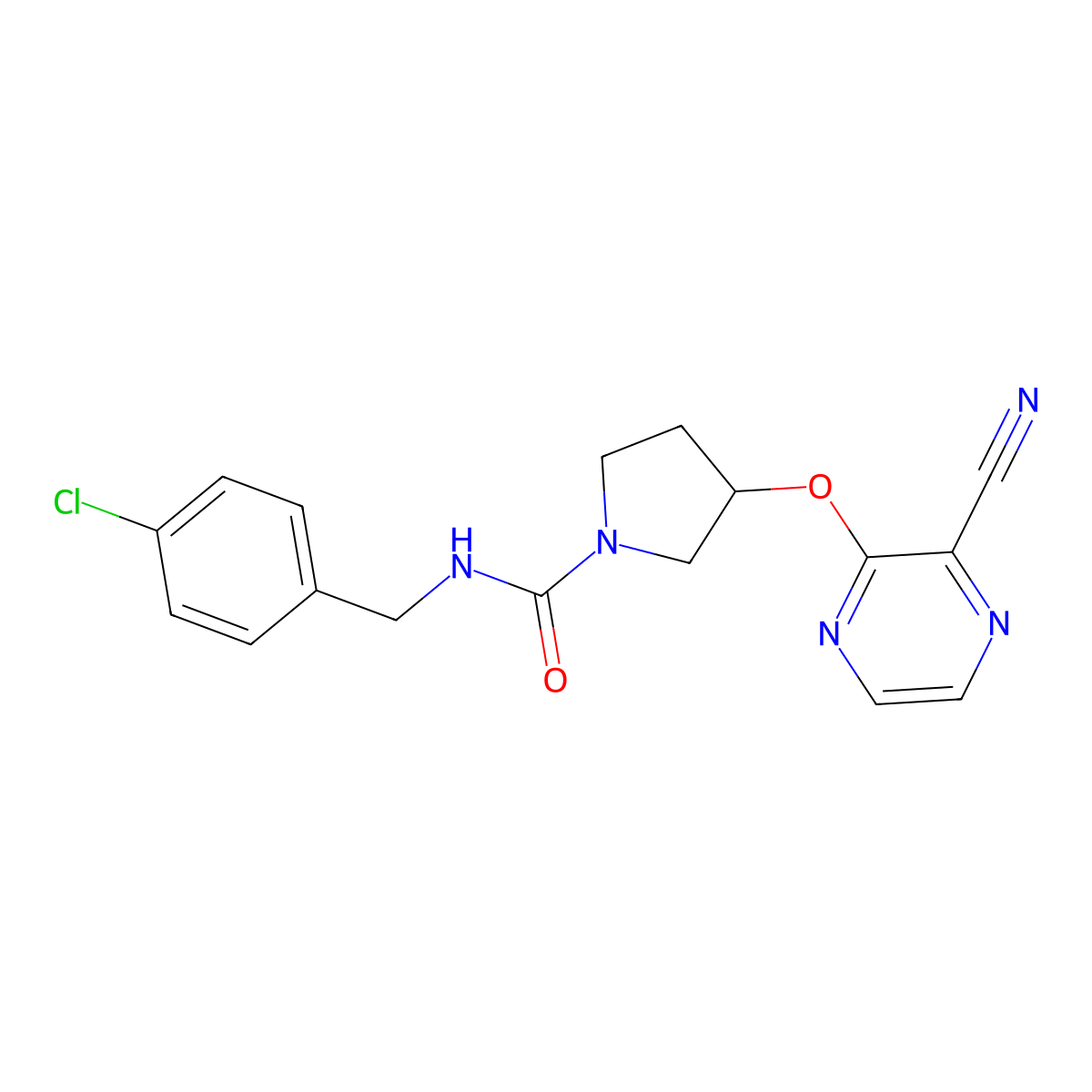 N-(4-chlorobenzyl)-3-((3-cyanopyrazin-2-yl)oxy)pyrrolidine-1-carboxamide molecular structure, CAS 2034562-00-8