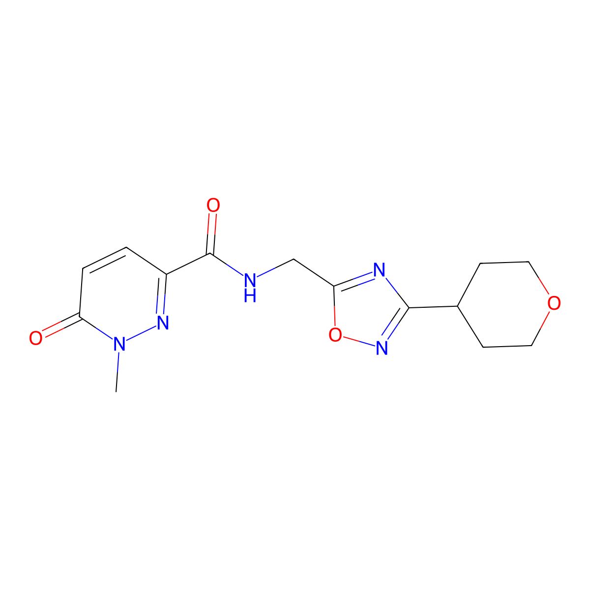 1-methyl-6-oxo-N-((3-(tetrahydro-2H-pyran-4-yl)-1,2,4-oxadiazol-5-yl)methyl)-1,6-dihydropyridazine-3-carboxamide molecular structure, CAS 2034562-02-0