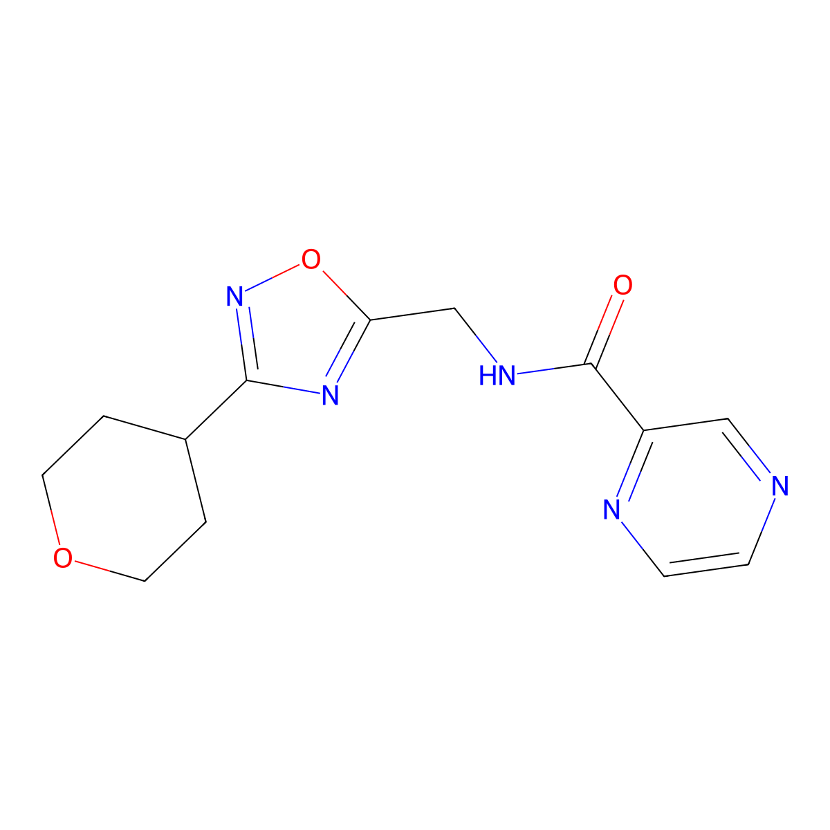 N-((3-(tetrahydro-2H-pyran-4-yl)-1,2,4-oxadiazol-5-yl)methyl)pyrazine-2-carboxamide molecular structure, CAS 2034562-06-4