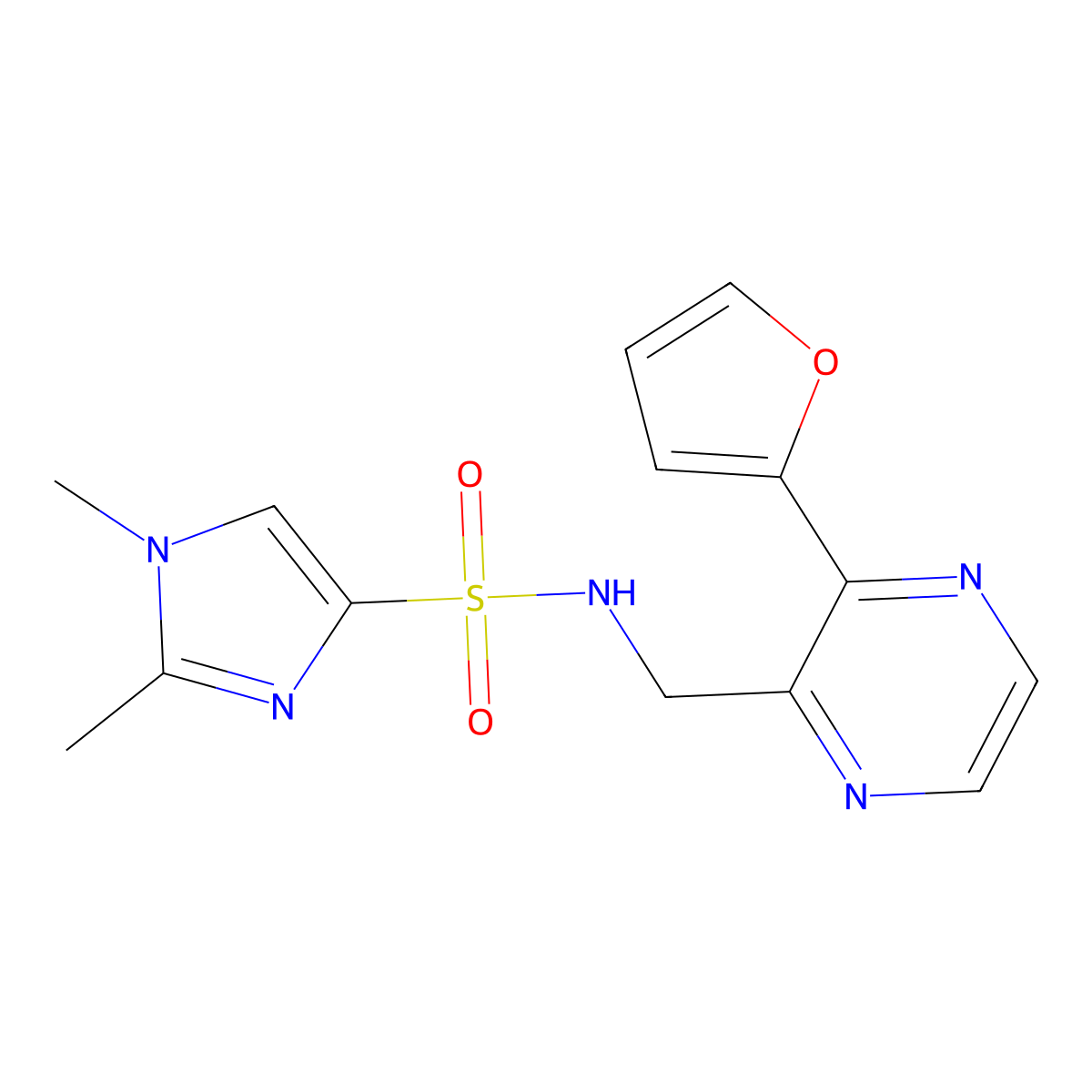 N-{[3-(furan-2-yl)pyrazin-2-yl]methyl}-1,2-dimethyl-1H-imidazole-4-sulfonamide molecular structure, CAS 2034562-09-7