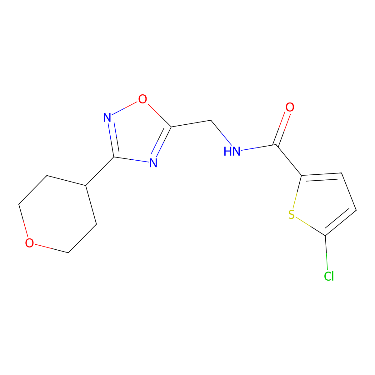 5-chloro-N-((3-(tetrahydro-2H-pyran-4-yl)-1,2,4-oxadiazol-5-yl)methyl)thiophene-2-carboxamide molecular structure, CAS 2034562-13-3