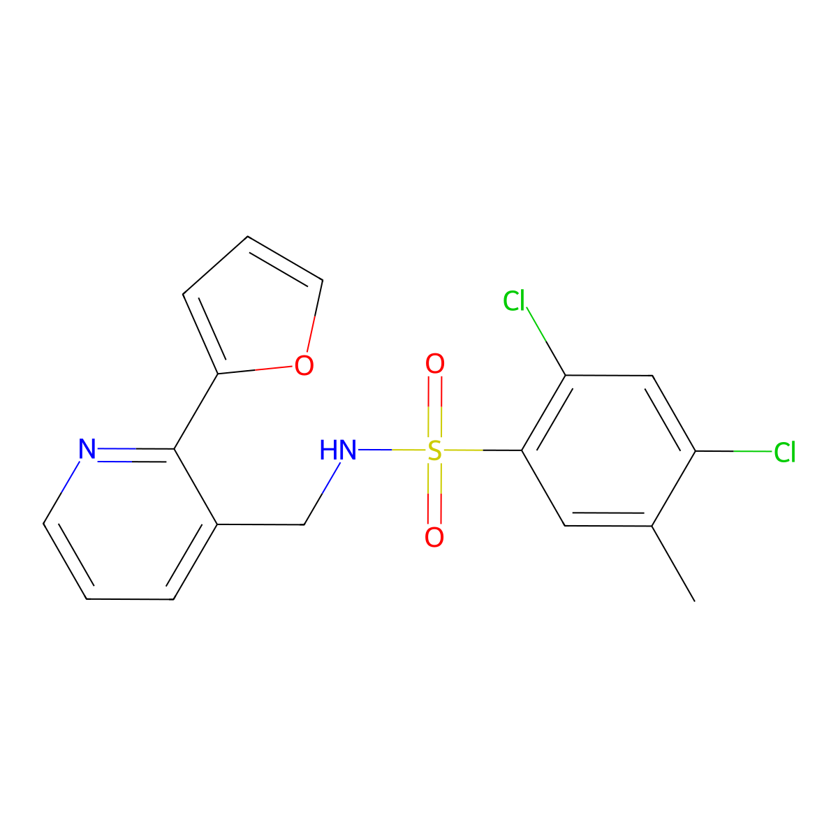 2,4-dichloro-N-((2-(furan-2-yl)pyridin-3-yl)methyl)-5-methylbenzenesulfonamide molecular structure, CAS 2034562-20-2