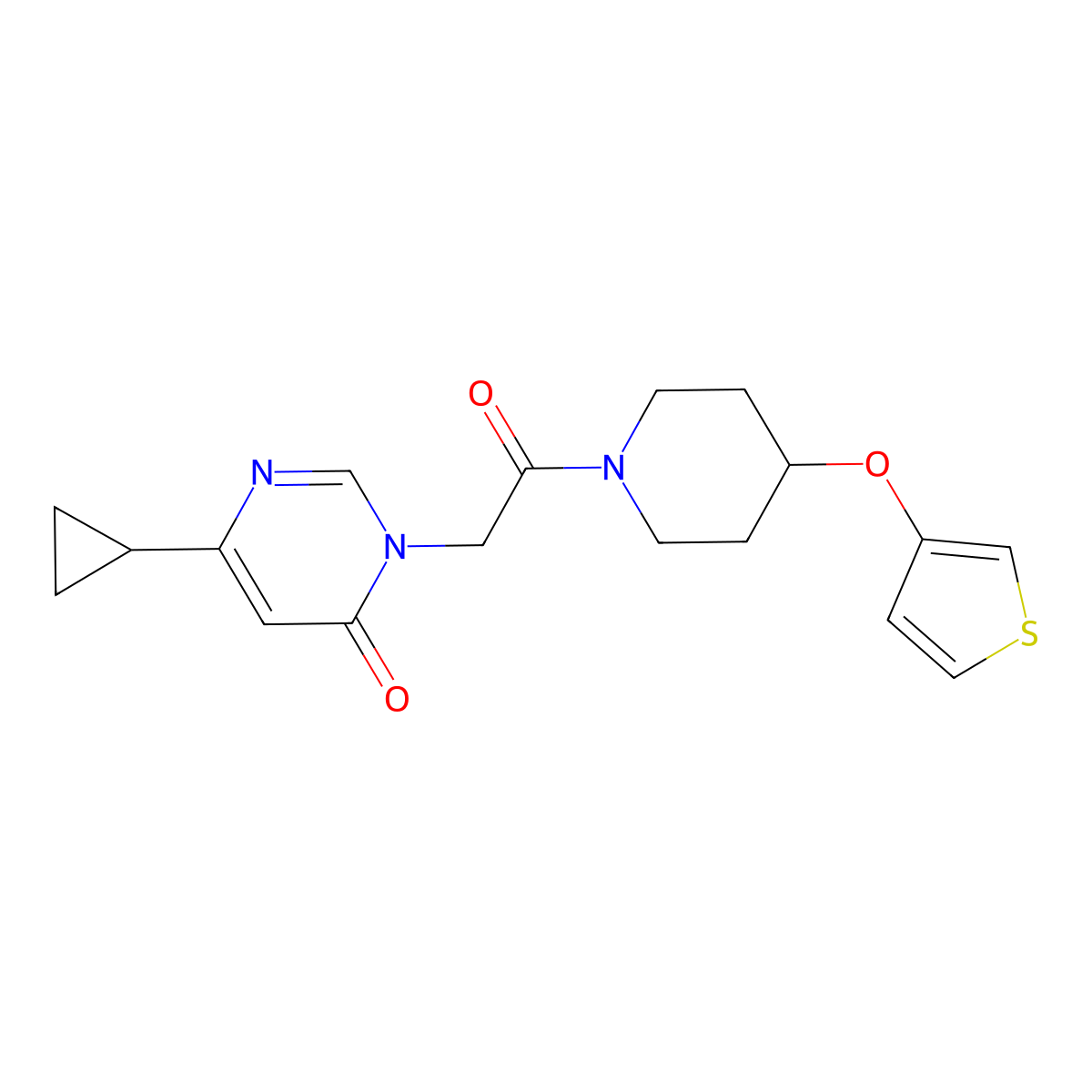 6-Cyclopropyl-3-{2-oxo-2-[4-(thiophen-3-yloxy)piperidin-1-yl]ethyl}-3,4-dihydropyrimidin-4-one molecular structure, CAS 2034562-24-6