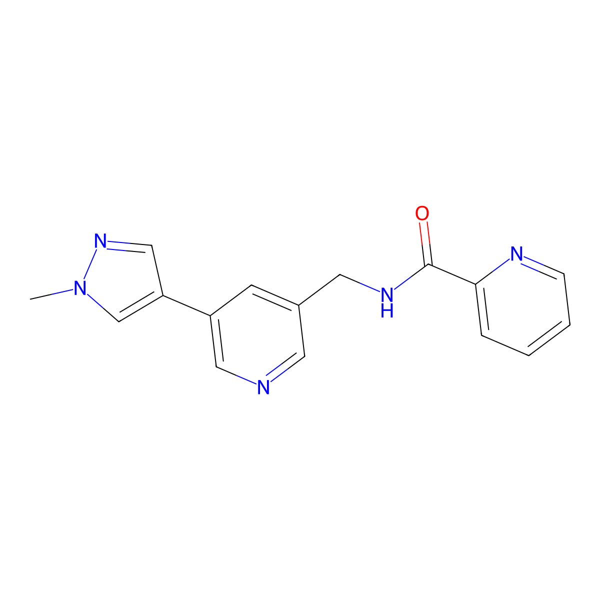N-((5-(1-methyl-1H-pyrazol-4-yl)pyridin-3-yl)methyl)picolinamide molecular structure, CAS 2034562-26-8