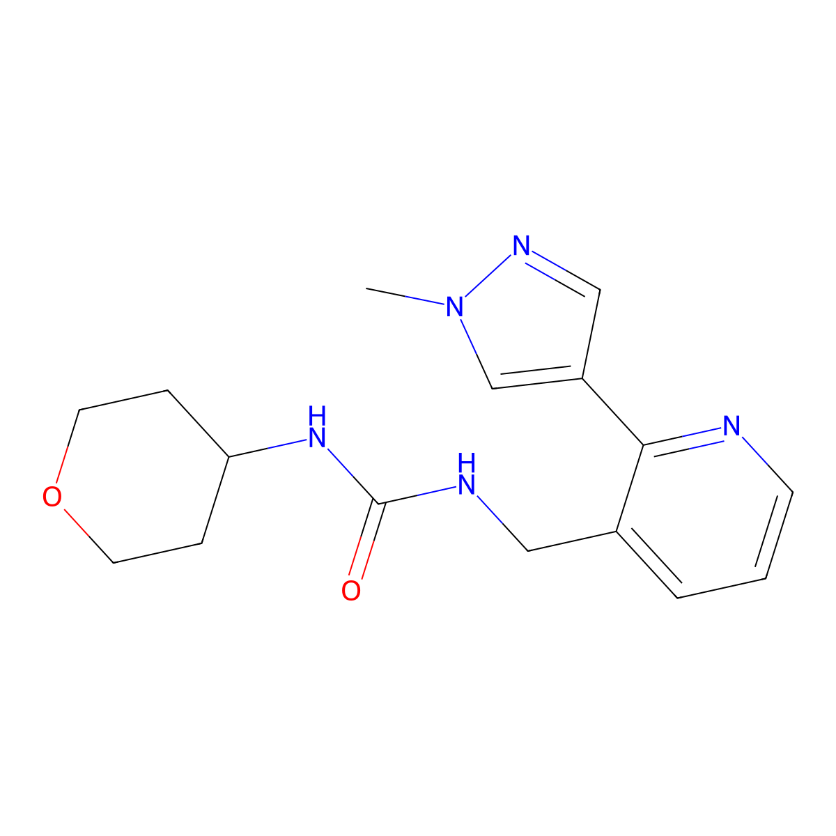 1-((2-(1-methyl-1H-pyrazol-4-yl)pyridin-3-yl)methyl)-3-(tetrahydro-2H-pyran-4-yl)urea molecular structure, CAS 2034562-30-4