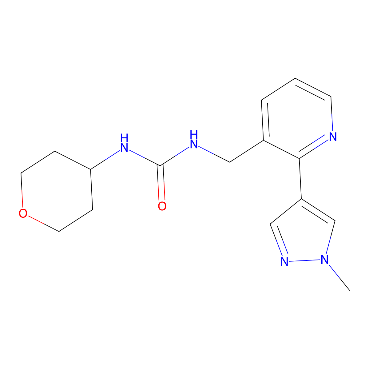 1-((2-(1-methyl-1H-pyrazol-4-yl)pyridin-3-yl)methyl)-3-(tetrahydro-2H-pyran-4-yl)urea molecular structure, CAS 2034562-30-4