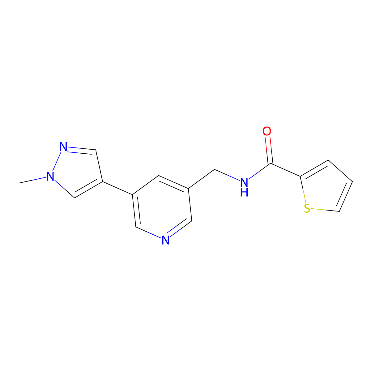 N-((5-(1-methyl-1H-pyrazol-4-yl)pyridin-3-yl)methyl)thiophene-2-carboxamide molecular structure, CAS 2034562-32-6