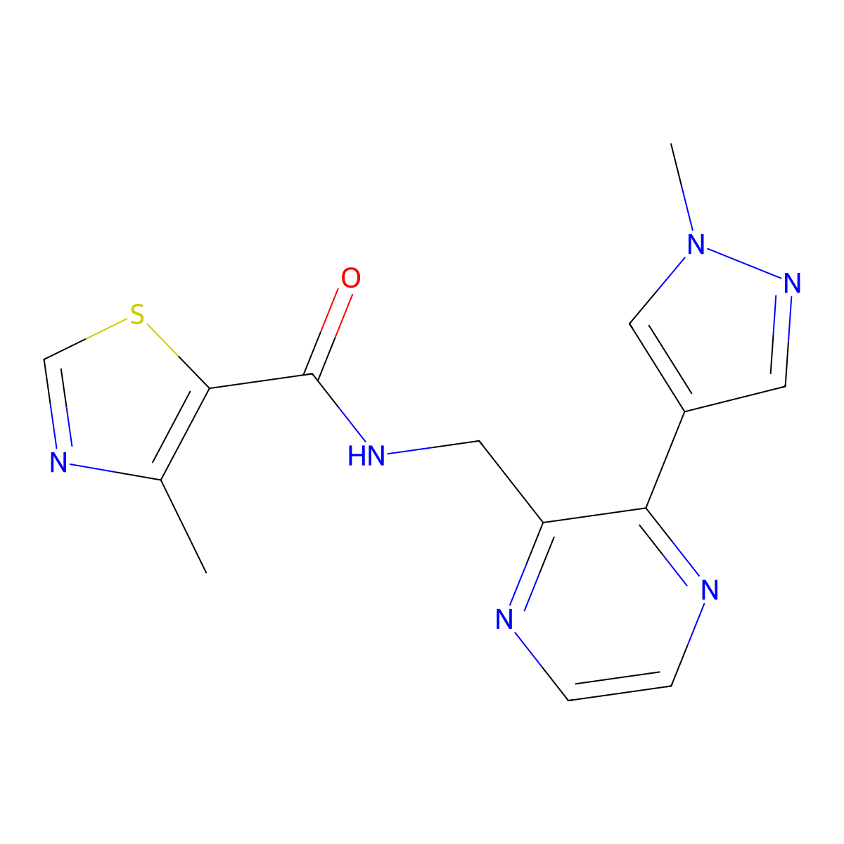 4-methyl-N-((3-(1-methyl-1H-pyrazol-4-yl)pyrazin-2-yl)methyl)thiazole-5-carboxamide molecular structure, CAS 2034562-33-7