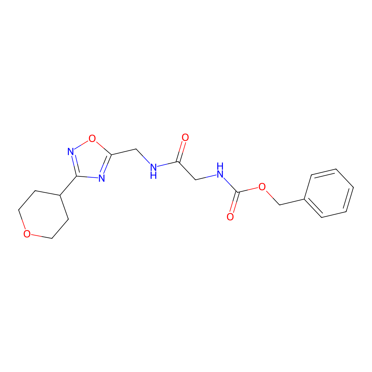 benzyl (2-oxo-2-(((3-(tetrahydro-2H-pyran-4-yl)-1,2,4-oxadiazol-5-yl)methyl)amino)ethyl)carbamate molecular structure, CAS 2034562-37-1