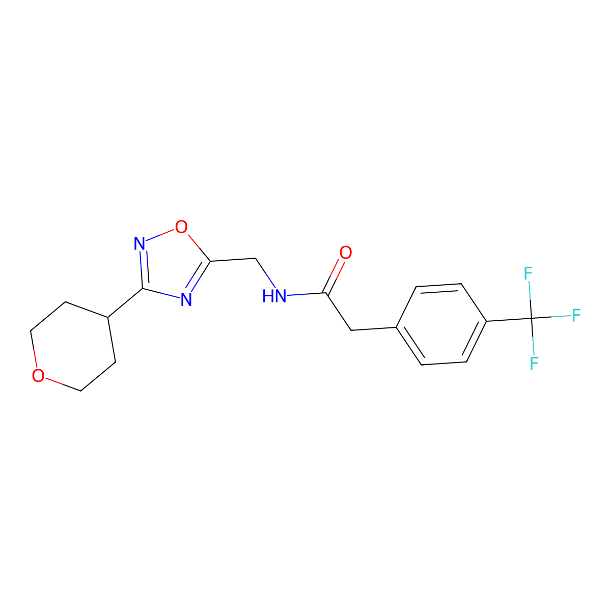 N-((3-(tetrahydro-2H-pyran-4-yl)-1,2,4-oxadiazol-5-yl)methyl)-2-(4-(trifluoromethyl)phenyl)acetamide molecular structure, CAS 2034562-44-0