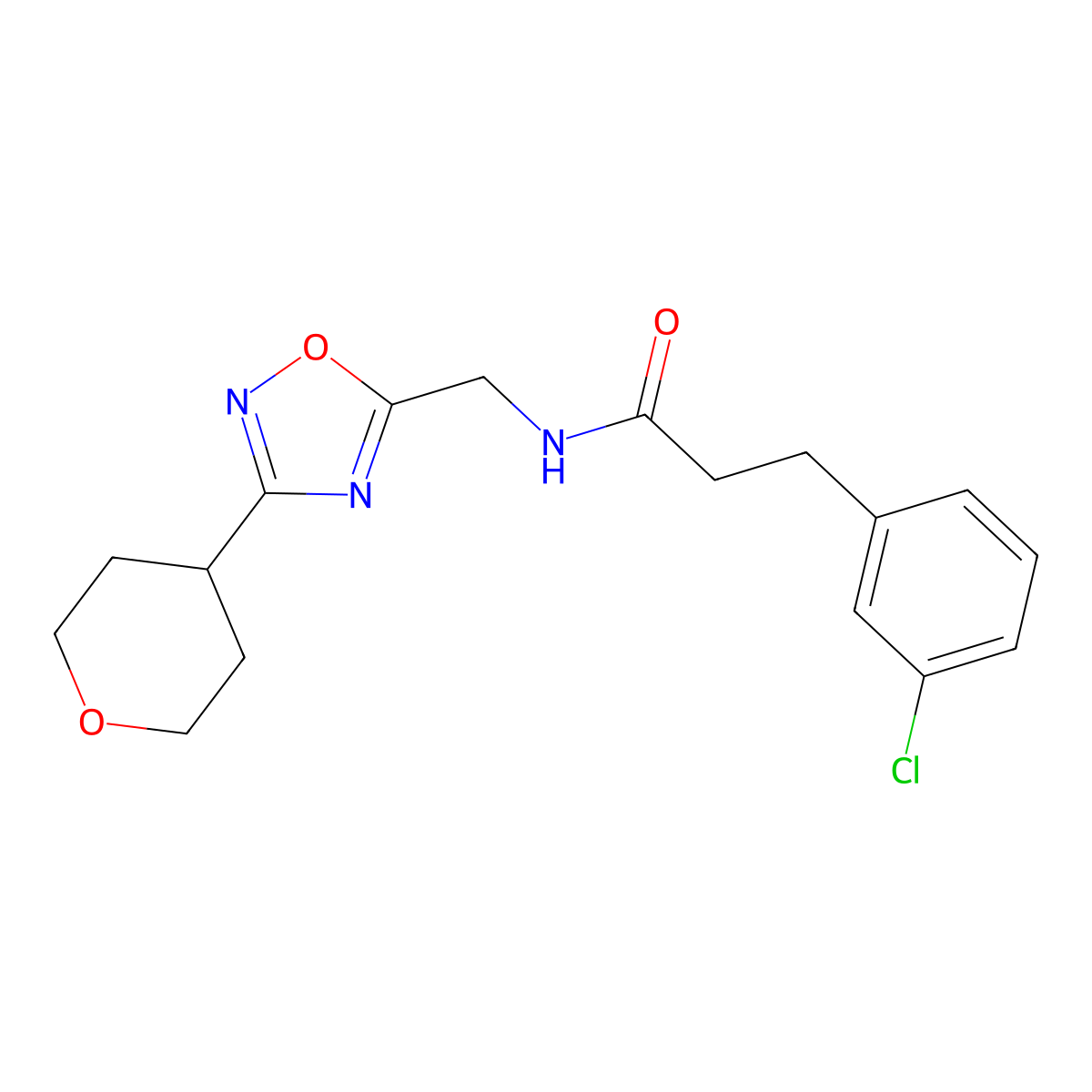 3-(3-chlorophenyl)-N-((3-(tetrahydro-2H-pyran-4-yl)-1,2,4-oxadiazol-5-yl)methyl)propanamide molecular structure, CAS 2034562-56-4
